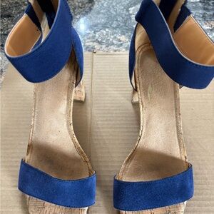 Aerosoles Blue Suede Heels/Ankle Strap, 3 inch cork heel. Size 9 1/2. Excellent
